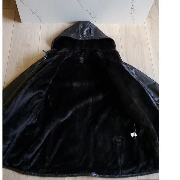 Wilsons Leather Jacket Womens XL Black Faux Fur Lined Hooded Coat Y2K Goth Moto - Picture 5 of 11